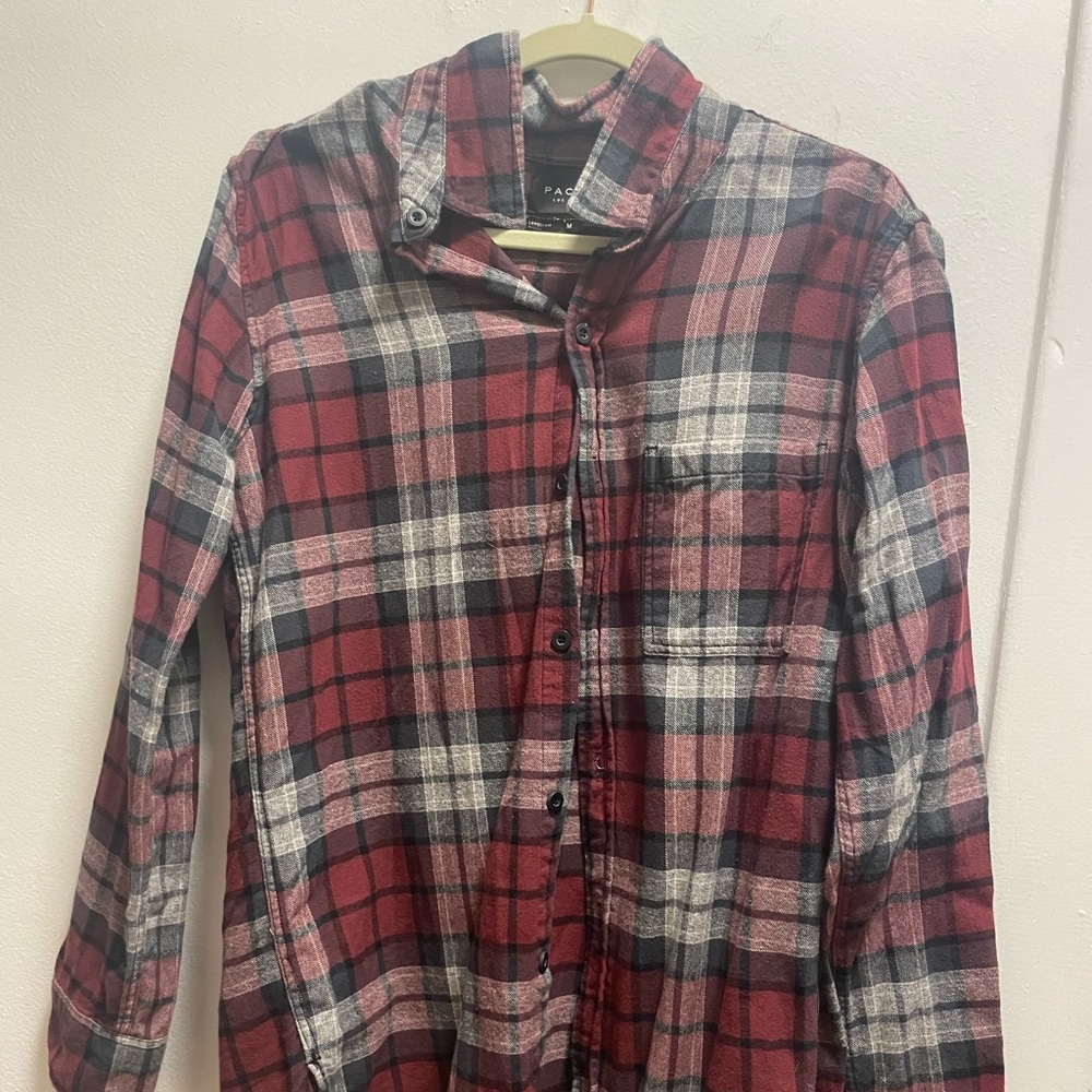 Red and Gray Plaid Button-Up Shirt